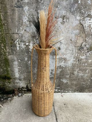 Vintage Boho Woven Handmade Wicker Bamboo Floor Vase 37” Tall Mcm