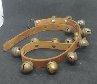 Vintage 15 Brass Horse Sleigh Bells On 44 " Leather Strap Christmas