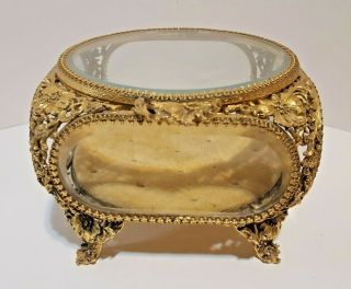 Matson Large Ornate 24k Gold Plated Ormolu Beveled Glass Jewelry Box Casket