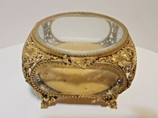 Matson Large Ornate 24k Gold Plated Ormolu Beveled Glass Jewelry Box Casket 2