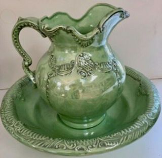 Rare Vintage Arnel’s Porcelain Water Pitcher And Bowl In Luscious Lime Color