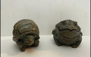 Maitland - Smith Bronze Frog & Turtle Collectible Containers Trinket Boxes 3.  50” W
