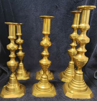 (6) Antique Diamond And Beehive Brass Push - Up Candlesticks Set 12 " 10 " 9 "