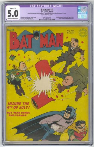 Batman 18 Cgc 5.  0 Vintage Dc Comic Key Hitler,  Hirohito & Mussolini Cover 10c