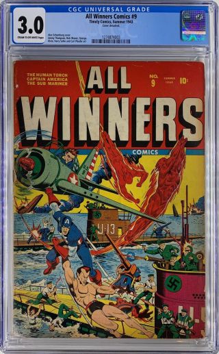 All - Winners Comics 9 Cgc 3.  0 C/ow Pages - Schomburg Nazi Wwii Cap,  Subby 1943