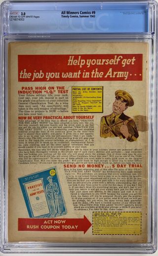 ALL - WINNERS COMICS 9 CGC 3.  0 C/OW Pages - Schomburg Nazi WWII Cap,  Subby 1943 2