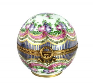 Vintage Limoges France Peint Main Sphere Round Trinket Box Purple Blue Pink Gold