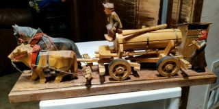 Vintage Anri Hand Carved Wood Folk Art Beer Wagon Music Box Donkey Figure Cart