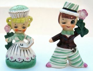 Vintage Enesco Green Sweet Shoppe Cupcake Girl And Boy Salt & Pepper Shakers