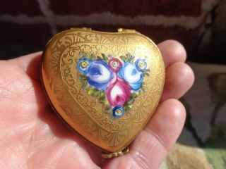 Vintage Signed Peint Main Limoges France Gold Floral Heart Porcelain Trinket Box