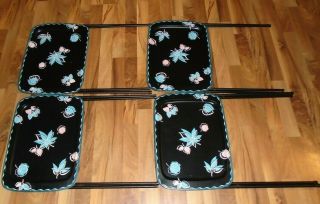 Vintage Retro CALDAK Set of Four Metal Black Pink Blue Flower TV Trays 2