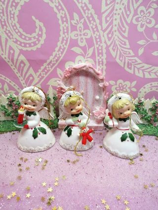 Vtg 1959 Napco Christmas Angel Bells Trio Set W Santatoy Doll Candle Gifts