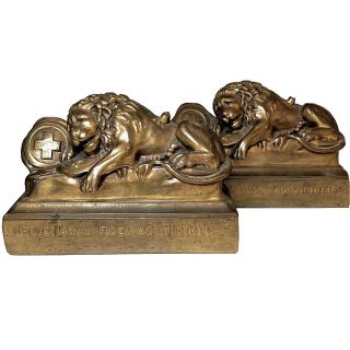 Vintage Jennings Bros " Lion Of Lucerne " Metal Bookends Jb 1570 Bronze C.  1930’s