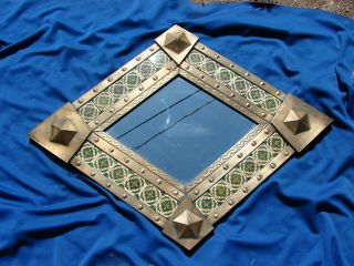 Vtg Mexico Punched Tin Mirror Talevera Tile Green Diamond Folk Art 34 X 25 Large