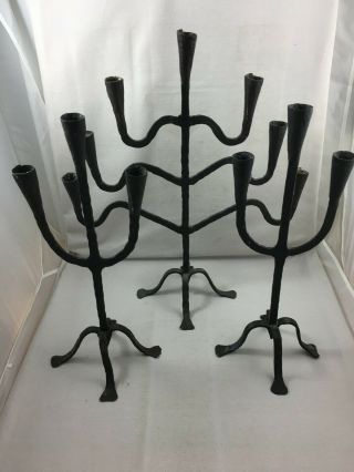 Package Of 3 Antique French Hand Forged Candlestick Wrought Iron Candle Holder