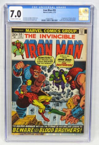 Marvel Comics Iron Man 55 Cgc 7.  0 Ow/wp 1st Thanos Mentor Drax Starfox 1973