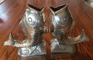 Vintage Solid Brass Carp Fish Bookends Wildwood Imports Korea 9 " Tall Heavy