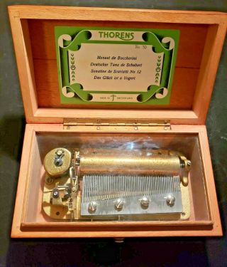 Rare Vintage Thorens Cylinder Music Box 4 Tune Inlaid Box - Switzerland.