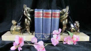 French Antique Art Deco Pair Bookends Spelter Bronzed Malamute Dogs Marble Base