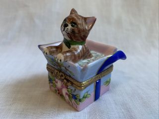 Elda Creation Limoges Cat In Flowered Box Trinket Box