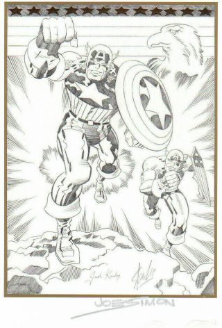 Marvel Captain America B/w Art Litho Jack Kirby Stan Lee Joe Simon Signed