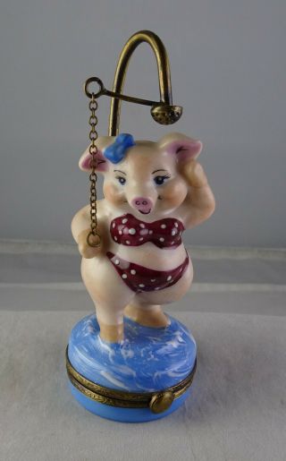 Cute Pig In Bathing Suit Taking Shower Peint Main Ltd.  Edition Limoges Trinket