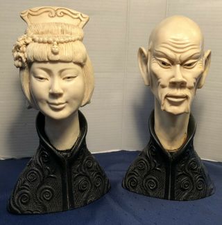 Italy Fu Manchu Oriental Royals Bust Bookends Statues Chinese Asian Couple Old