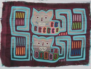 Ethnographic Double Cat Feline Motif Mola Animal Folk Art Kuna Handsewn Textile