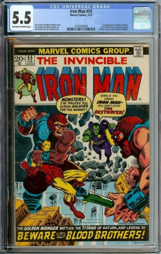 Iron Man 55 Cgc 5.  5 Ow/wh Pages // 1st App.  Thanos,  Drax,  Blood Brothers