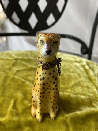 Limoges France Peint Main Chamart Cheetah Cat With Chain Collar Trinket Box