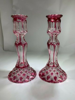 Victorian Elegant Candle Holders In Cranberry To Clear Cut Crystal Glass