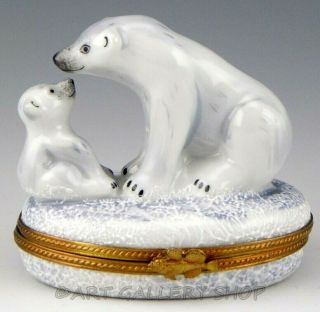 Limoges France Peint Main Rochard Polar Bear With Cub Baby Trinket Box