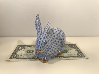 Herend Blue Fishnet Figurine Crouching Bunny Rabbit 1 Ear Up 15335 -