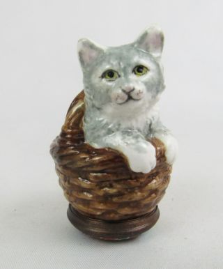 Halcyon Days Gray Kitty Cat In Basket Enamel Trinket Box With Blue Velvet Lining
