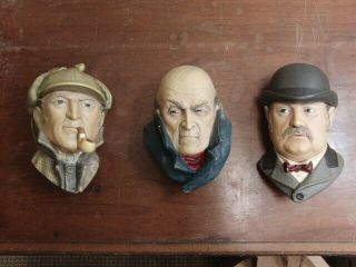 Bossons Chalkware Heads - Sherlock Holmes,  Dr.  Watson & Moriarty Late 1980s