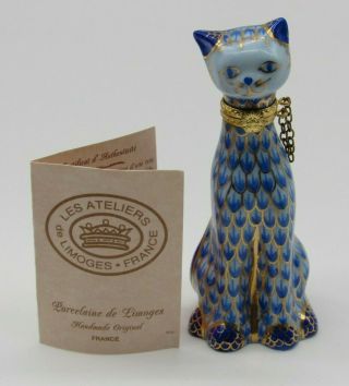Limoges Blue And Gold Cat Peint Main Mjp France Hinged Trinket Perfume Box
