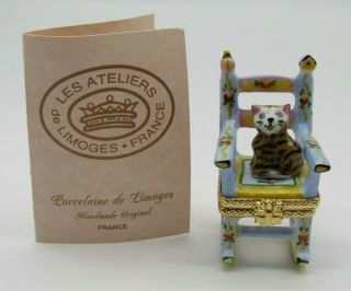 Limoges Cat And Rocking Chair Peint Main France Hinged Trinket Box