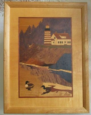 1998 Hudson River Inlay " Quoddy Head Lighthouse,  Me " Marquetry By Nelson
