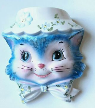 Vintage Lefton Miss Priss Blue Kitten Cat Wall Pocket Vase With Label