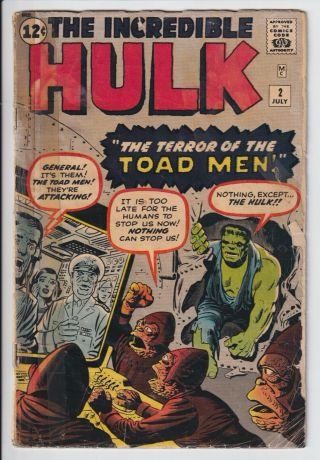 1¢ Low Grade Comic The Incredible Hulk 2 1962 Incomplete Marvel Comics