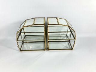 2 Vintage Small Glass 9 " Display Curio Case Cabinet Mirrored Brass Wall Hanging