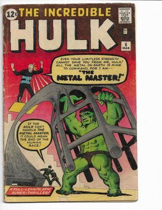 Incredible Hulk 6 - G/vg 3.  0 - 6th Appearance - 1st Teen Brigade - Ditko (1963)