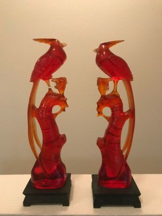 Chinese Carved Cherry Amber Bakelite Resin Birds Of Prey Mirror Pair