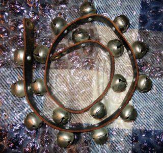 Old Vintage 18 Metal Sleigh Bells On Leather Strap Silver Colored 1 1/4 "