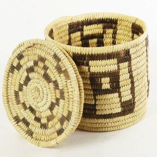 Vintage Papago Woven Basket With Lid,  Native American,  Tohono O 