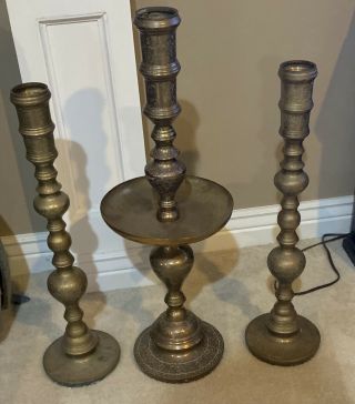 Three Cintage Large Brass Church Candle Sticks 25” 30”