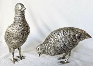 Vintage Pair Silver Plated Quail Grouse Bird Metal Figurines Table Birds 7.  5”