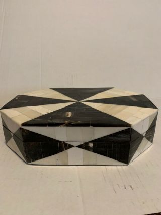 Vintage Box Mosaic Bone Inlay Trinket Box Black And White Striking