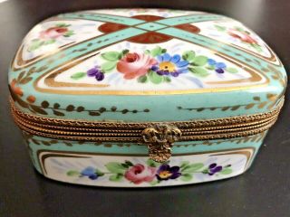 4.  5 " Large Antique French Limoges Fleur Lis Clasp Hand Paint Turquoise Roses Box