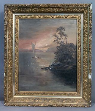 Ca.  1900 Antique Victorian Old River Valley Oil Landscape Painting Gesso Frame